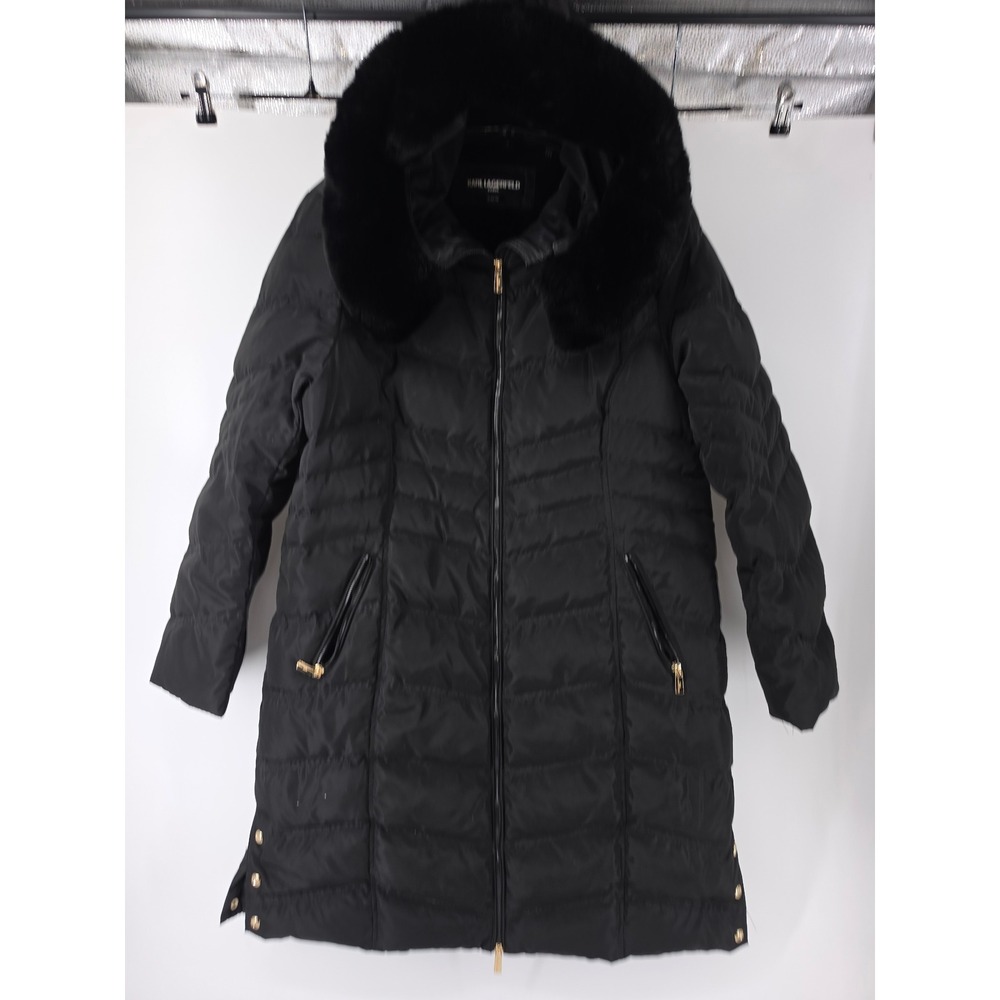 Karl Lagerfeld Paris Womens Black Down Puffer Coat Faux Fur Collar XL